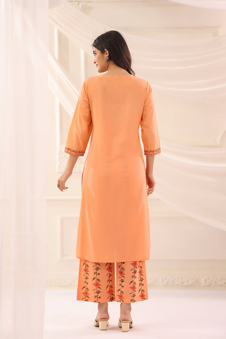 Peach Cotton Embroidered Kurta Pant With Dupatta Set