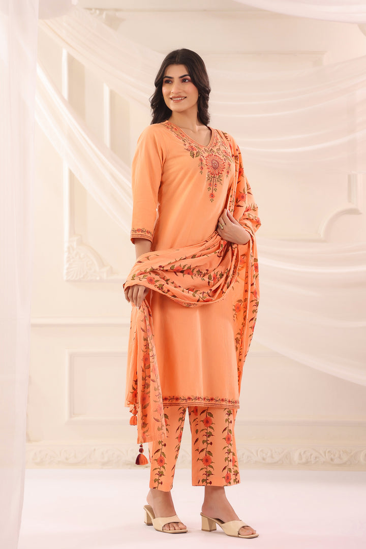 Peach Cotton Embroidered Kurta Pant With Dupatta Set