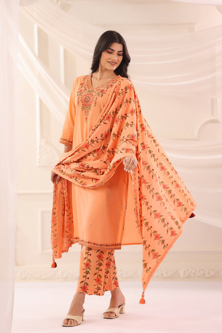 Peach Cotton Embroidered Kurta Pant With Dupatta Set