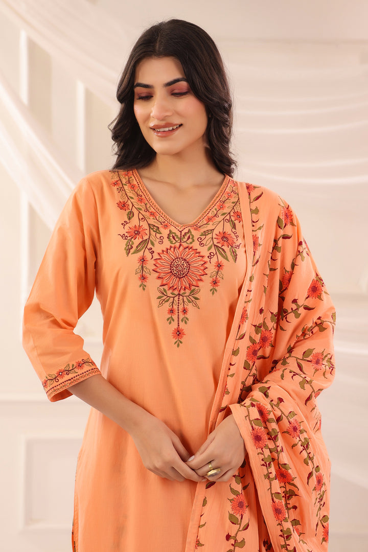 Peach Cotton Embroidered Kurta Pant With Dupatta Set