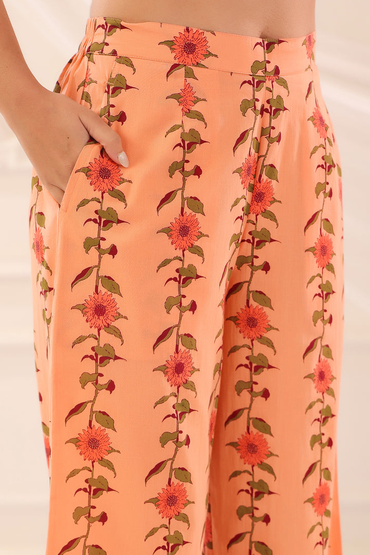 Peach Cotton Embroidered Kurta Pant With Dupatta Set