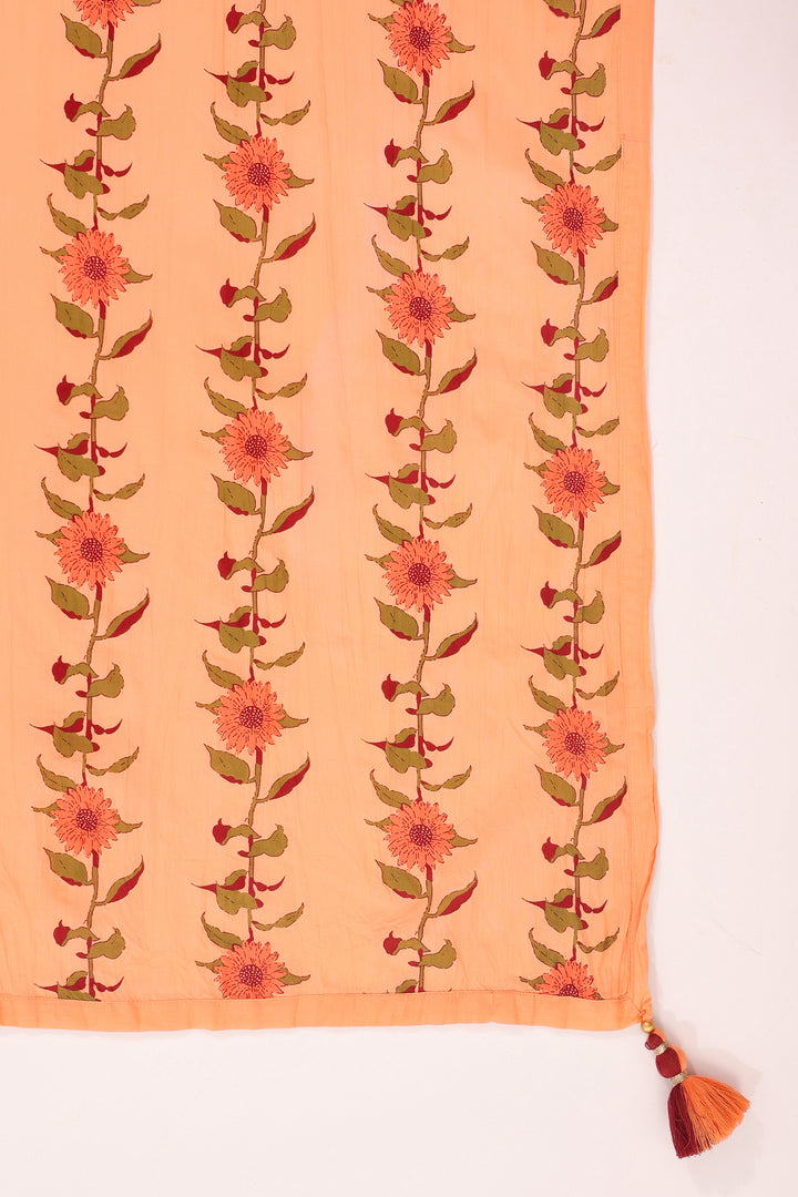 Peach Cotton Embroidered Kurta Pant With Dupatta Set