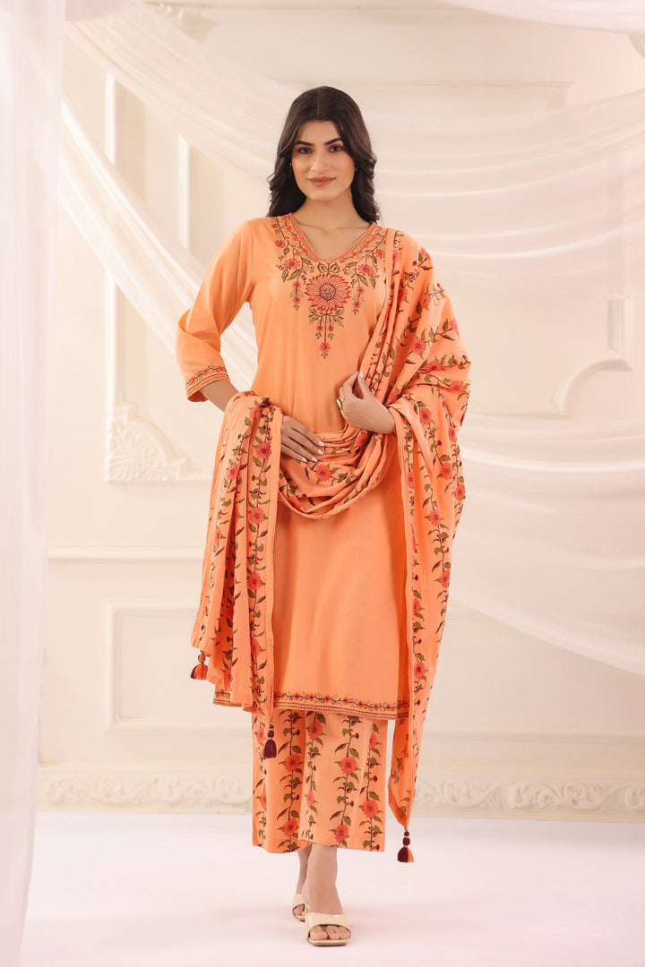 Peach Cotton Embroidered Kurta Pant With Dupatta Set