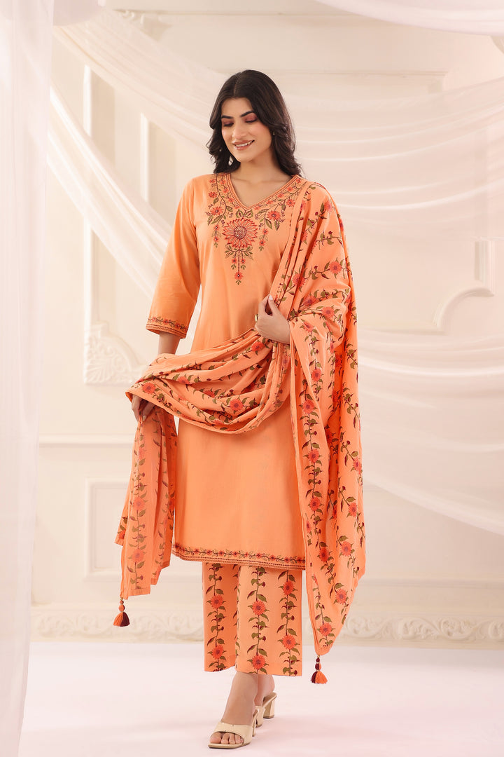 Peach Cotton Embroidered Kurta Pant With Dupatta Set