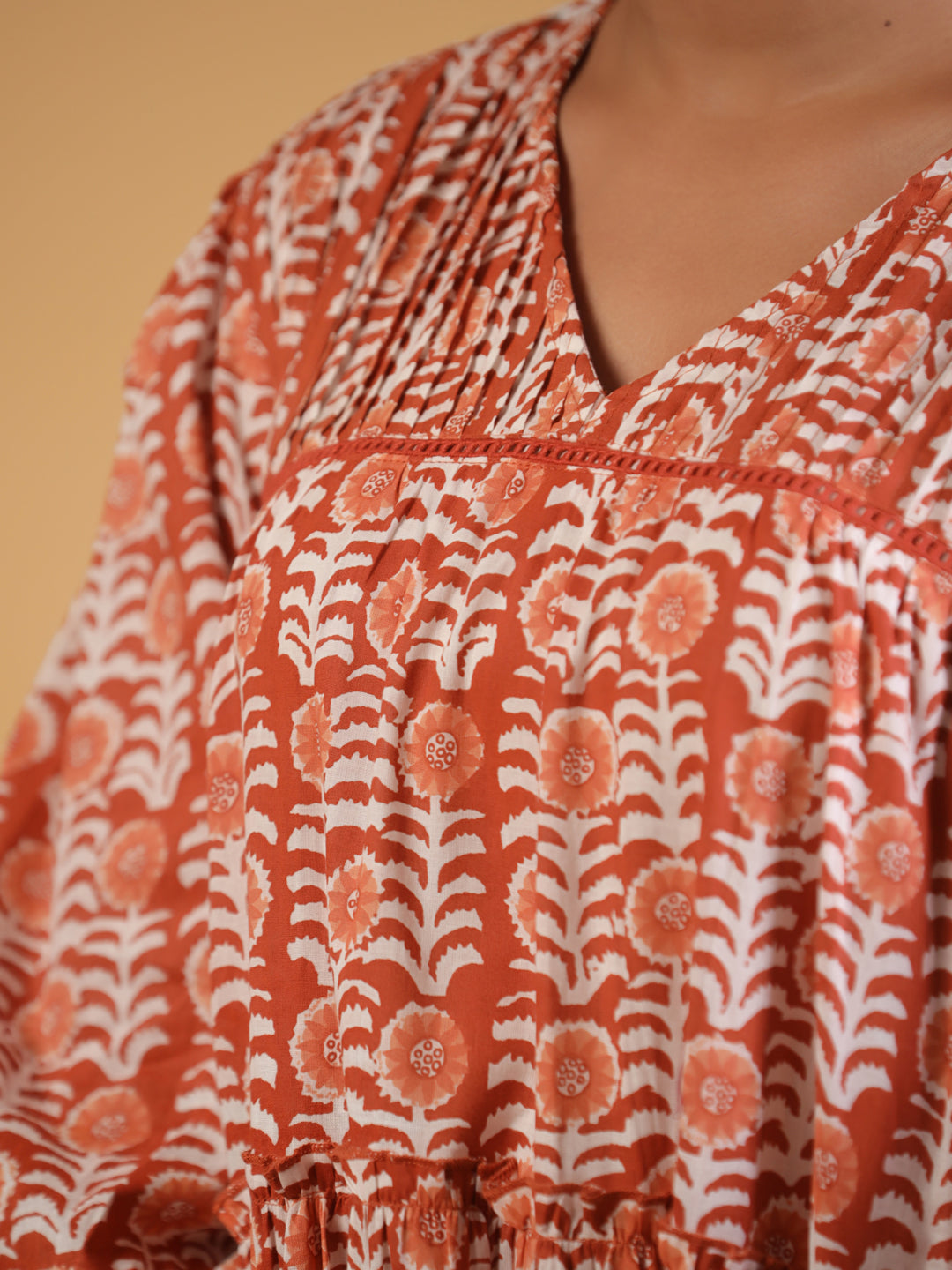 Orange Cotton Printed A-Line Casual Dress