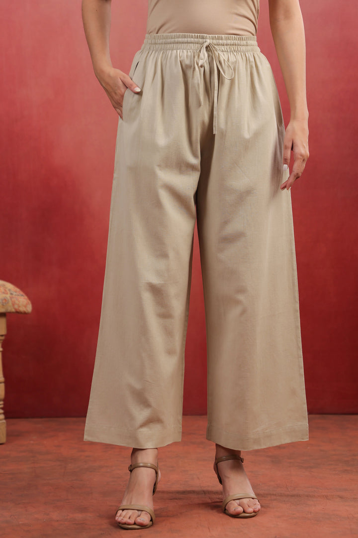 Beige Cotton Solid Wide Leg Pant