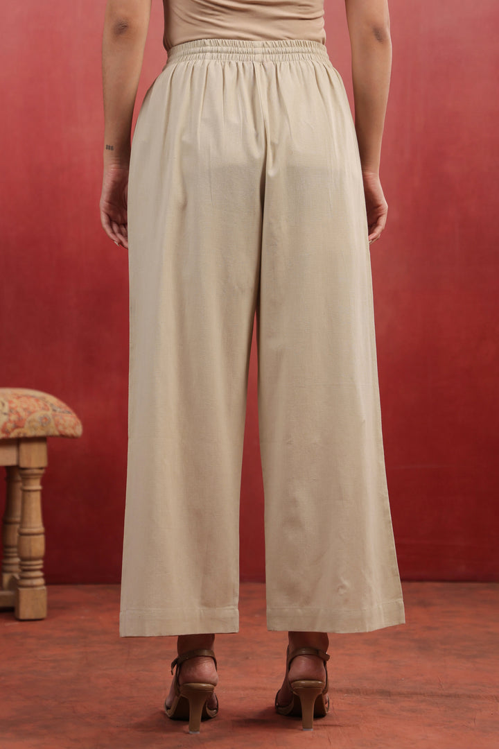 Beige Cotton Solid Wide Leg Pant
