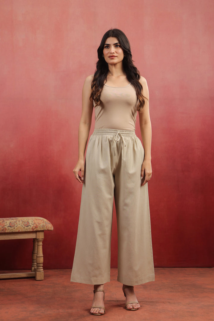 Beige Cotton Solid Wide Leg Pant