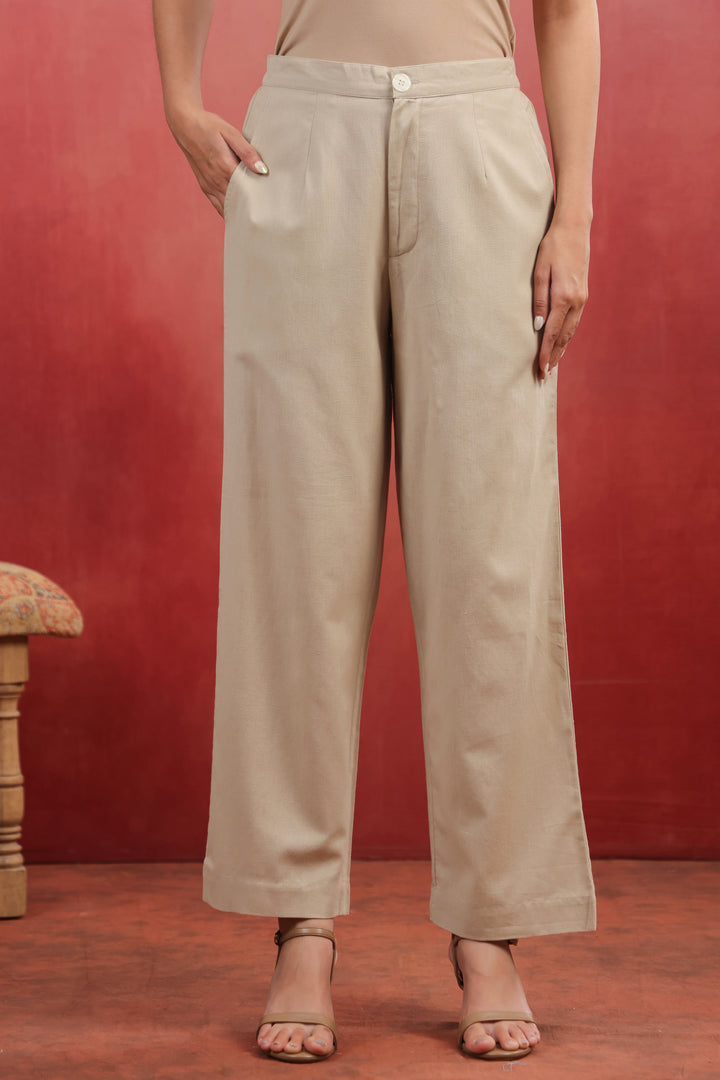 Beige Cotton Solid Wide Leg Pant