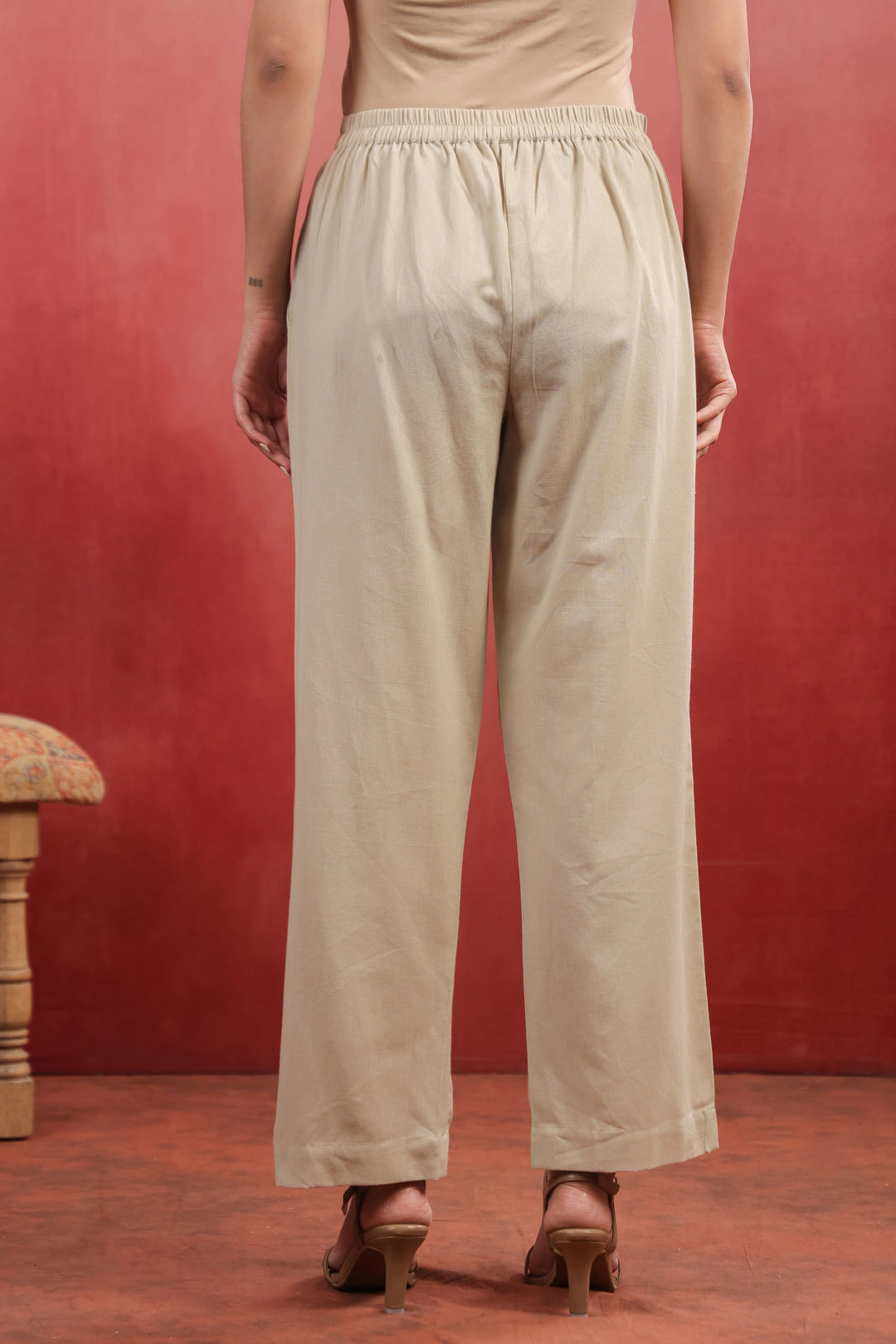 Beige Cotton Solid Wide Leg Pant