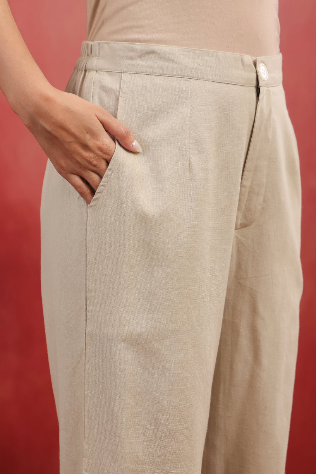 Beige Cotton Solid Wide Leg Pant