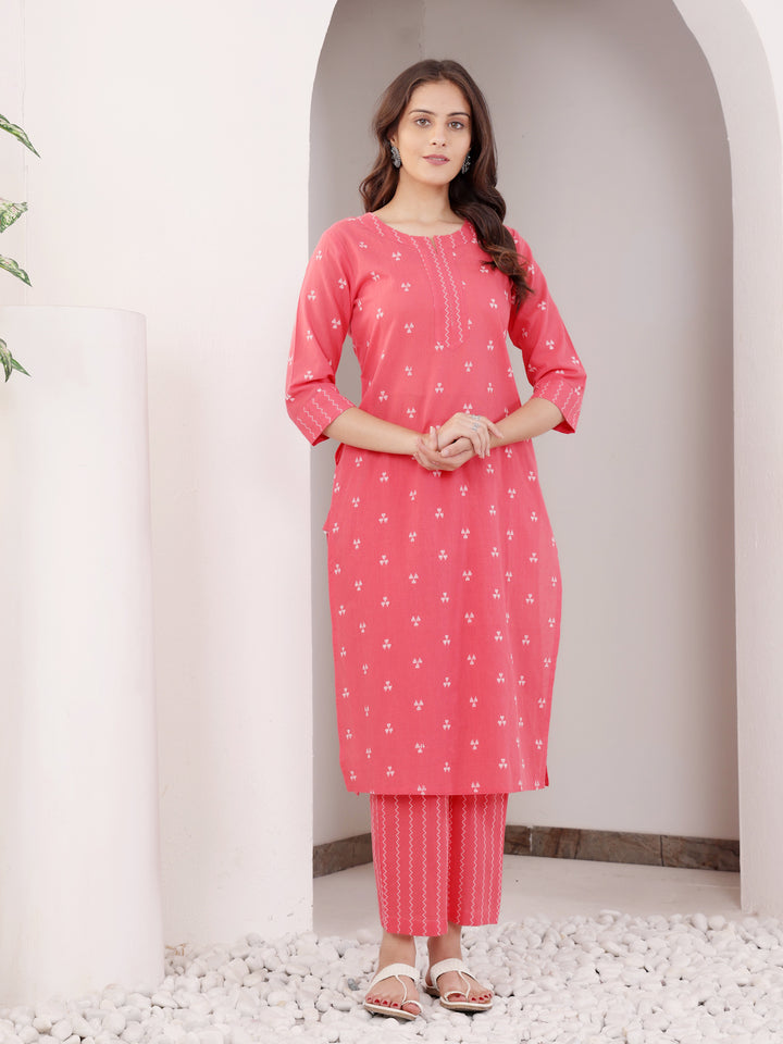 Peach Cotton Printed Straight Kurta Pant Set