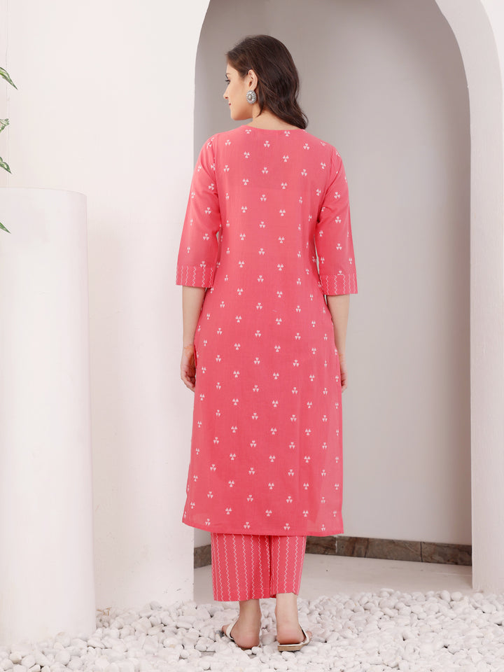 Peach Cotton Printed Straight Kurta Pant Set