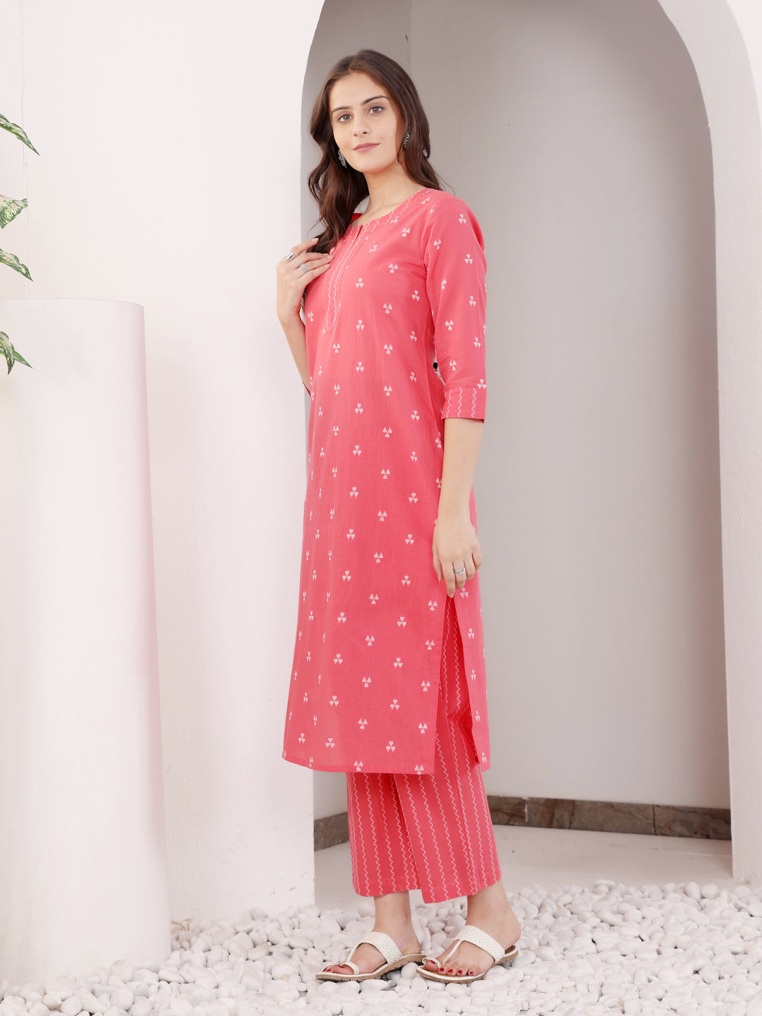 Peach Cotton Printed Straight Kurta Pant Set