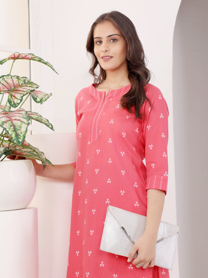 Peach Cotton Printed Straight Kurta Pant Set