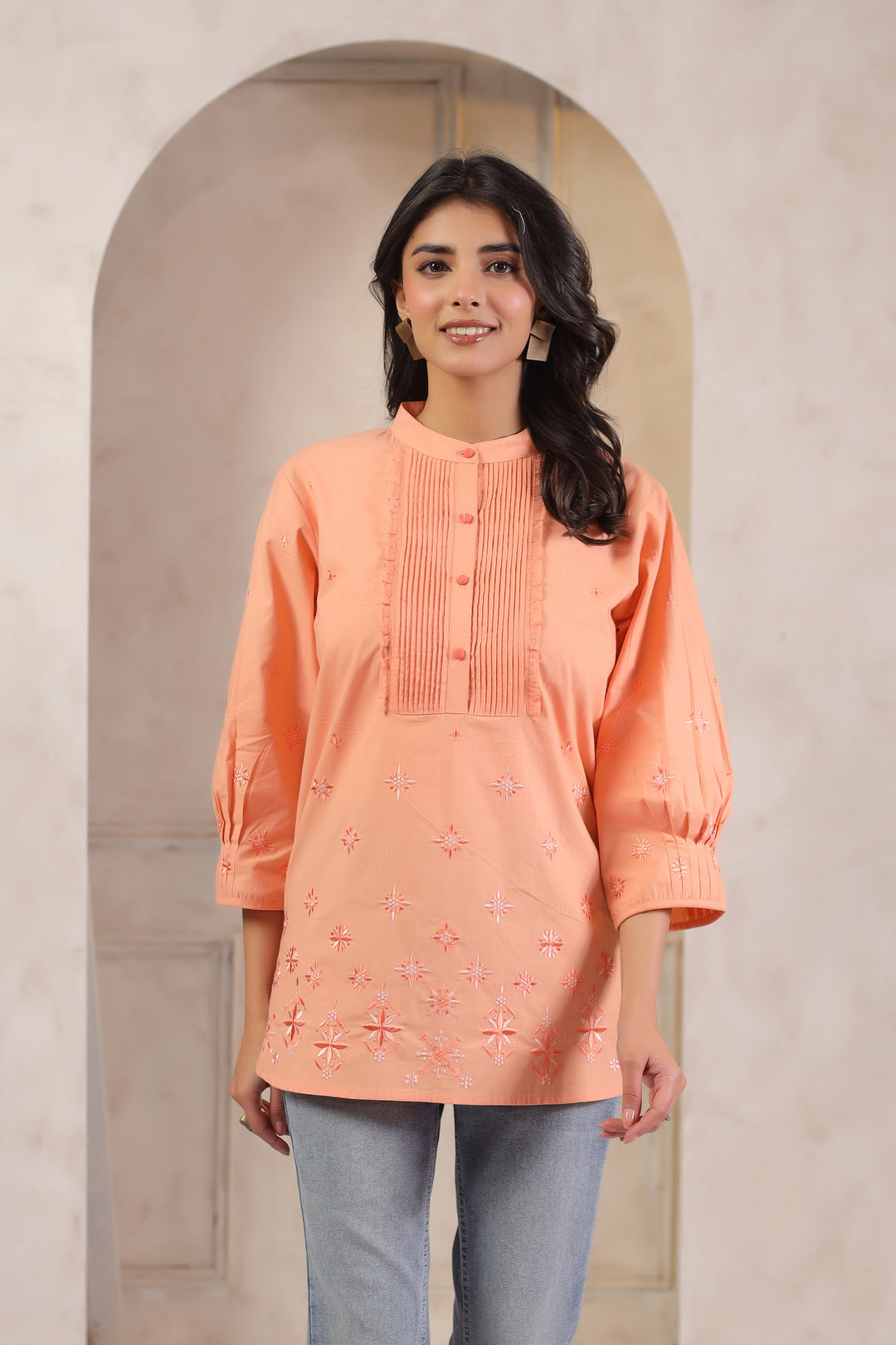Peach Cotton Popline Embroidered Pintuck Designer Top