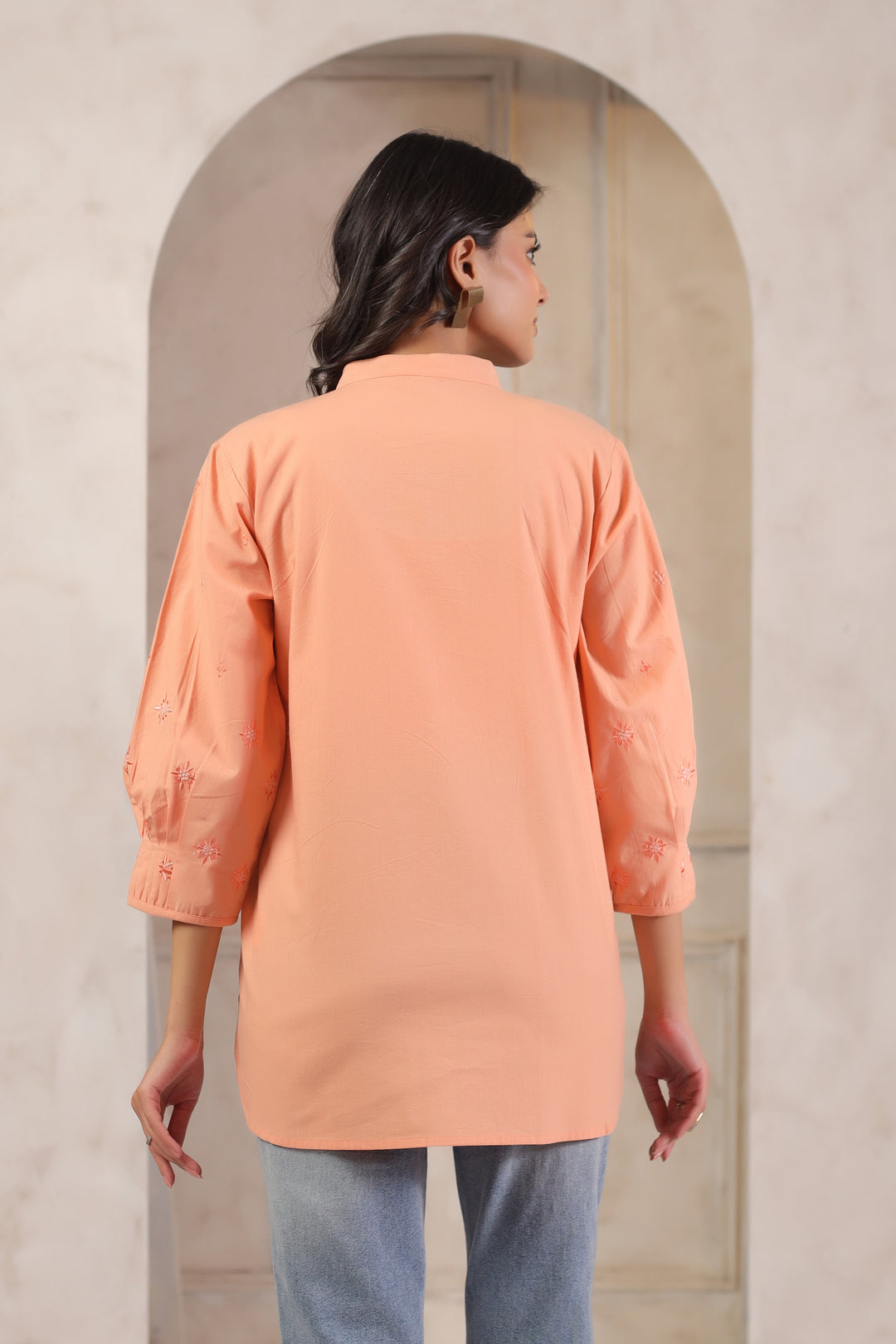 Peach Cotton Popline Embroidered Pintuck Designer Top