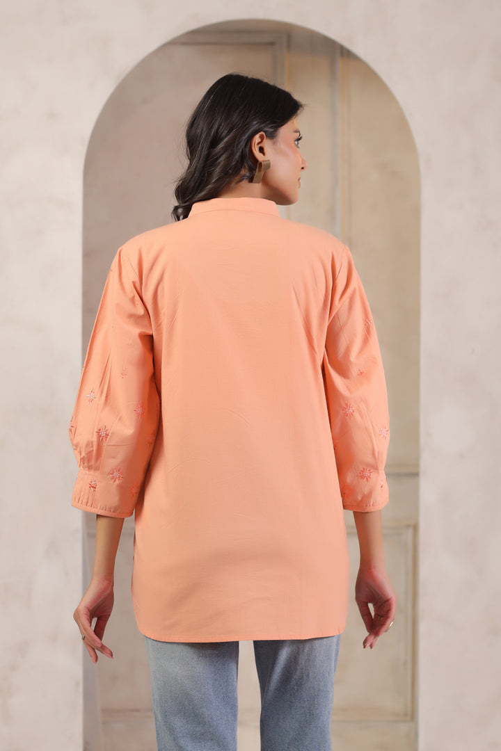 Peach Cotton Popline Embroidered Pintuck Designer Top