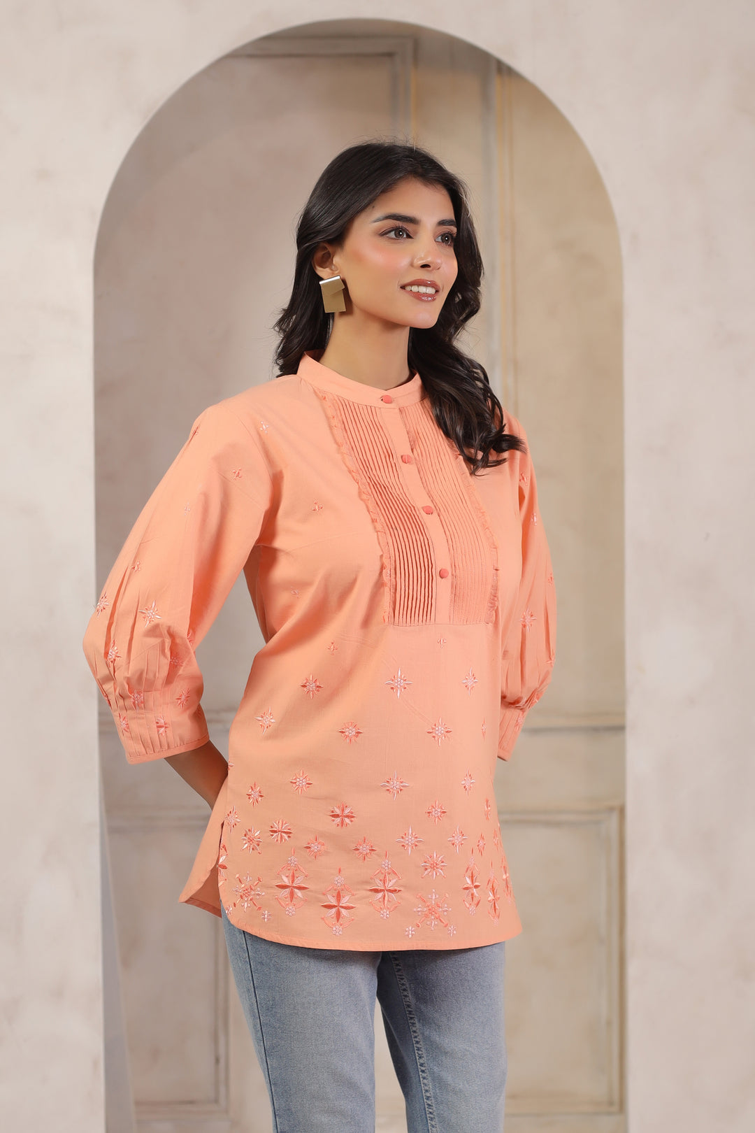 Peach Cotton Popline Embroidered Pintuck Designer Top