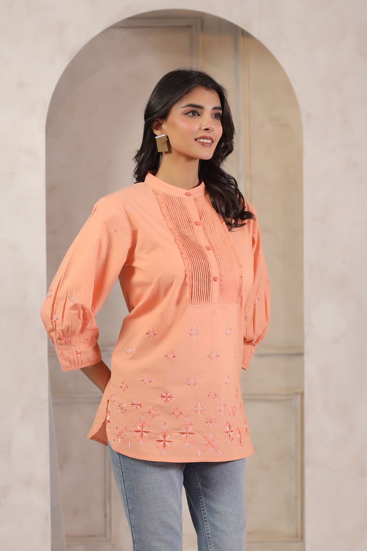 Peach Cotton Popline Embroidered Pintuck Designer Top