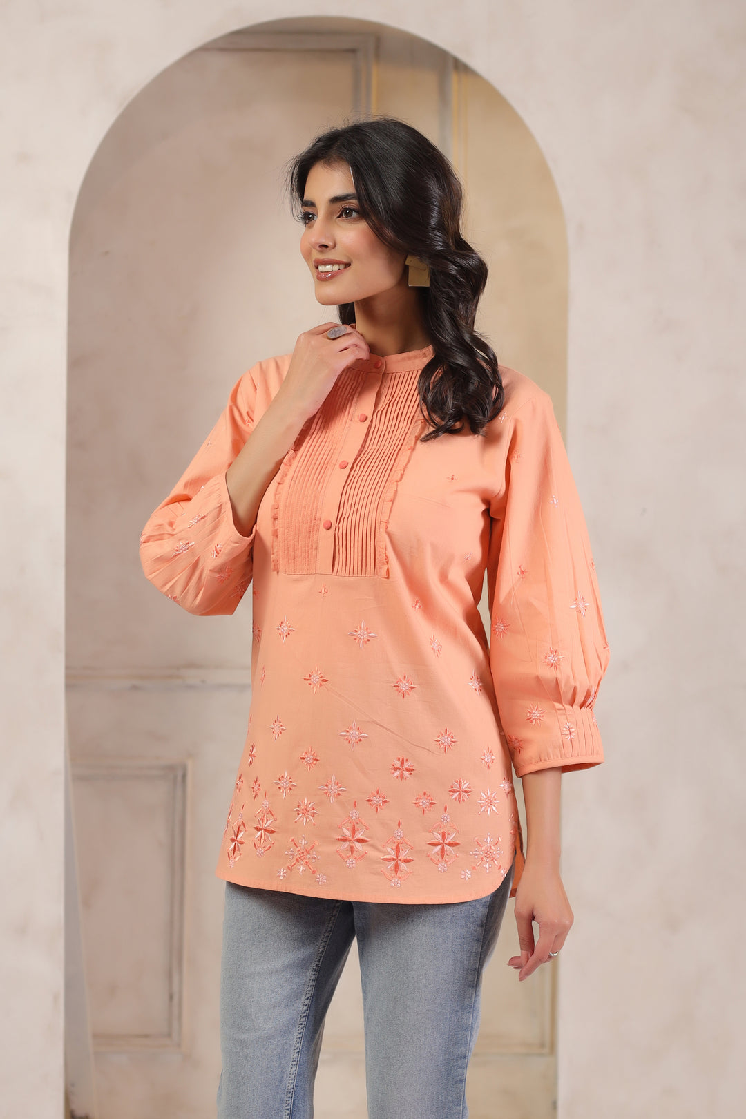 Peach Cotton Popline Embroidered Pintuck Designer Top
