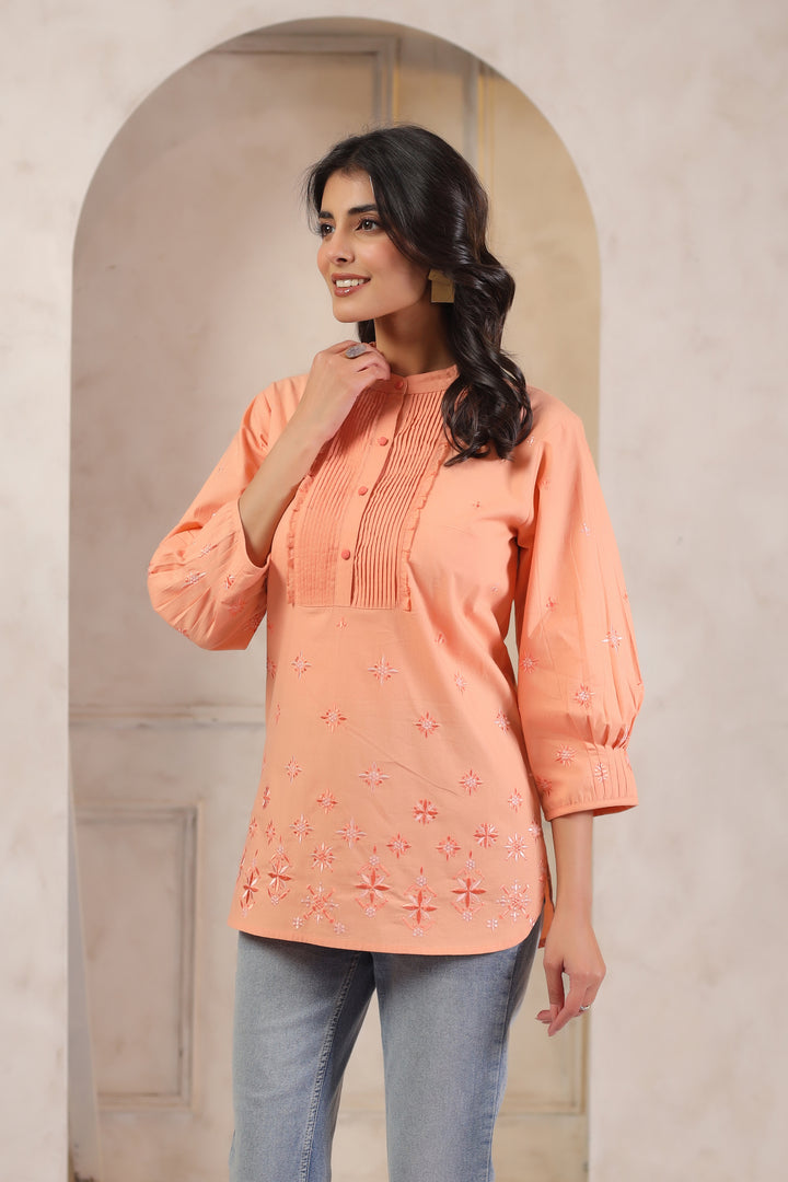 Peach Cotton Popline Embroidered Pintuck Designer Top