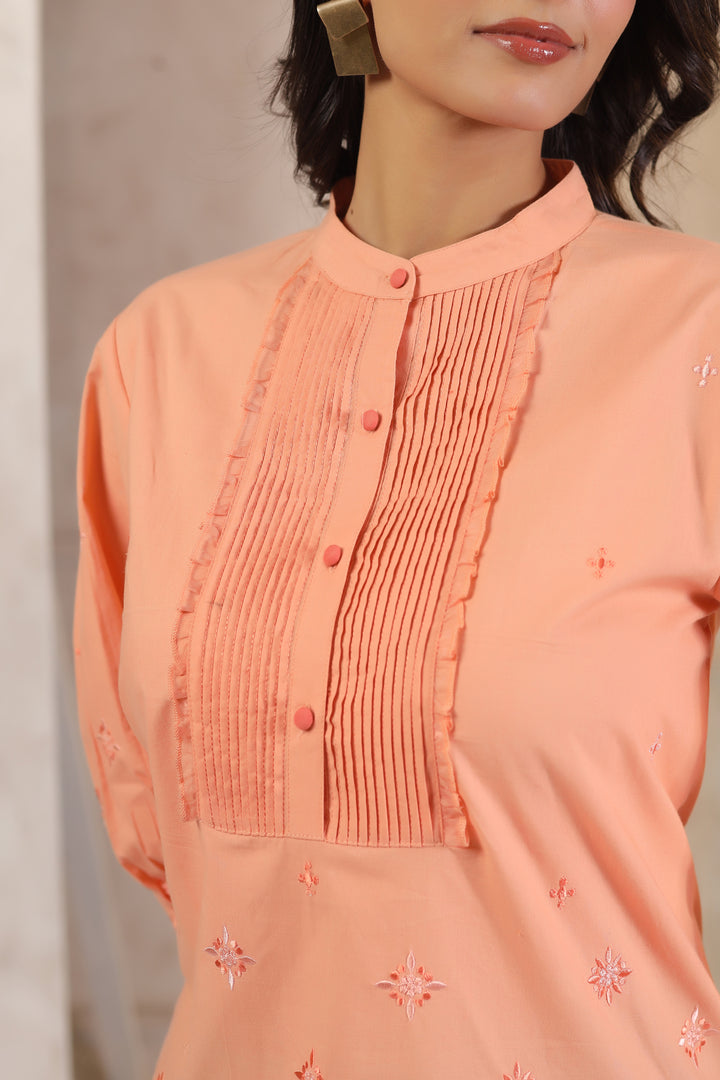 Peach Cotton Popline Embroidered Pintuck Designer Top