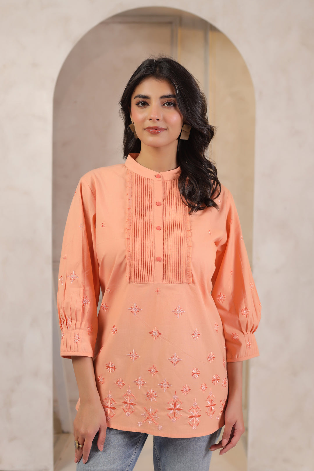 Peach Cotton Popline Embroidered Pintuck Designer Top