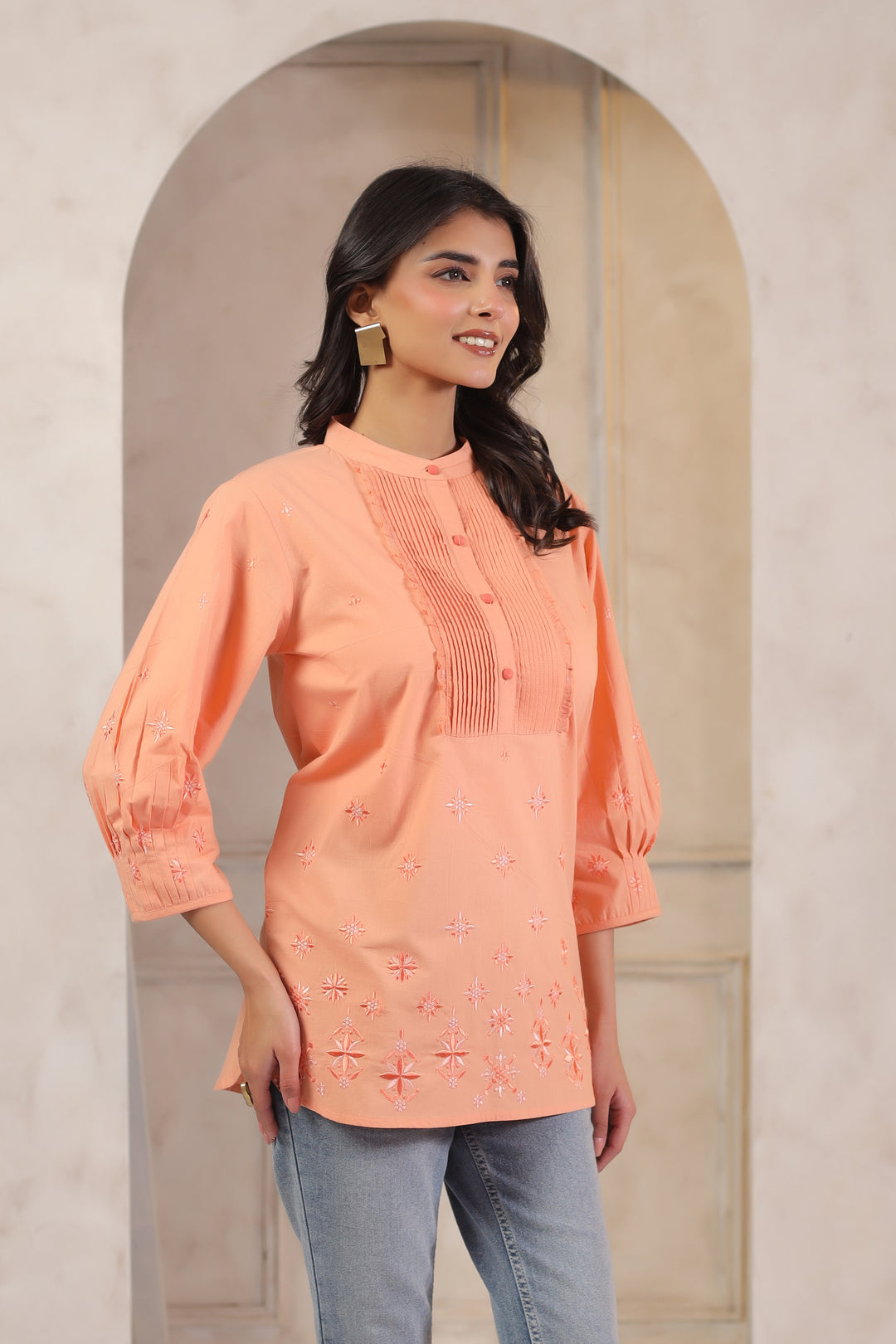 Peach Cotton Popline Embroidered Pintuck Designer Top