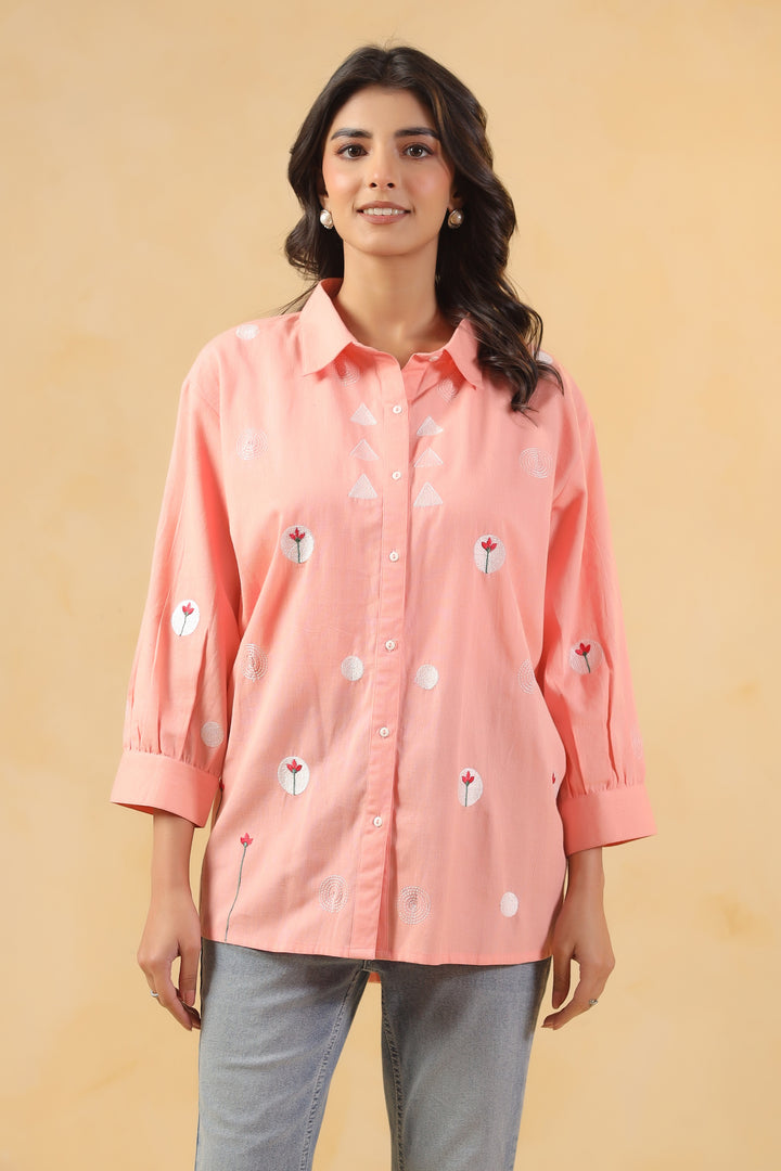 Pink Cotton Embroidered Designer Shirt Top