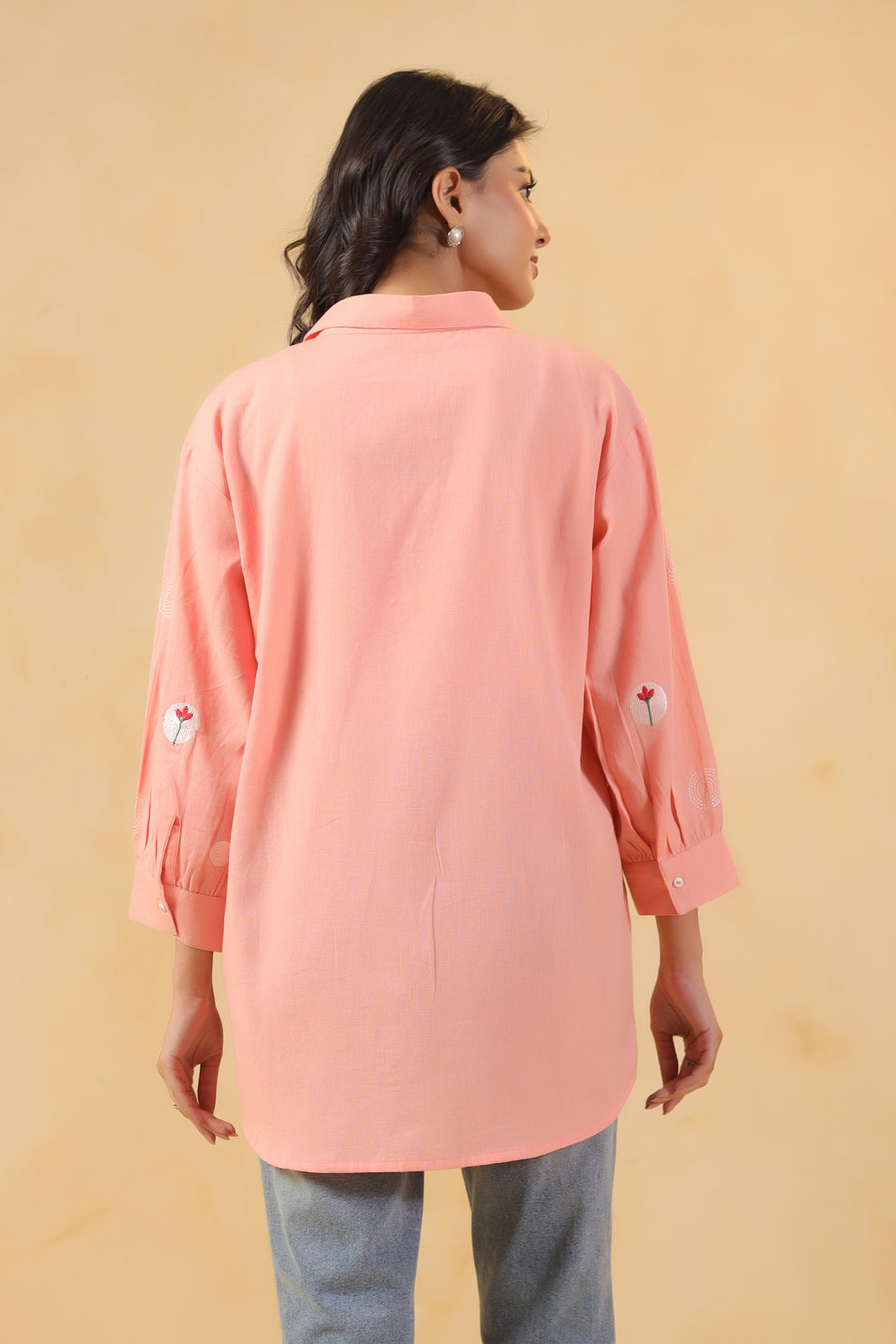 Pink Cotton Embroidered Designer Shirt Top