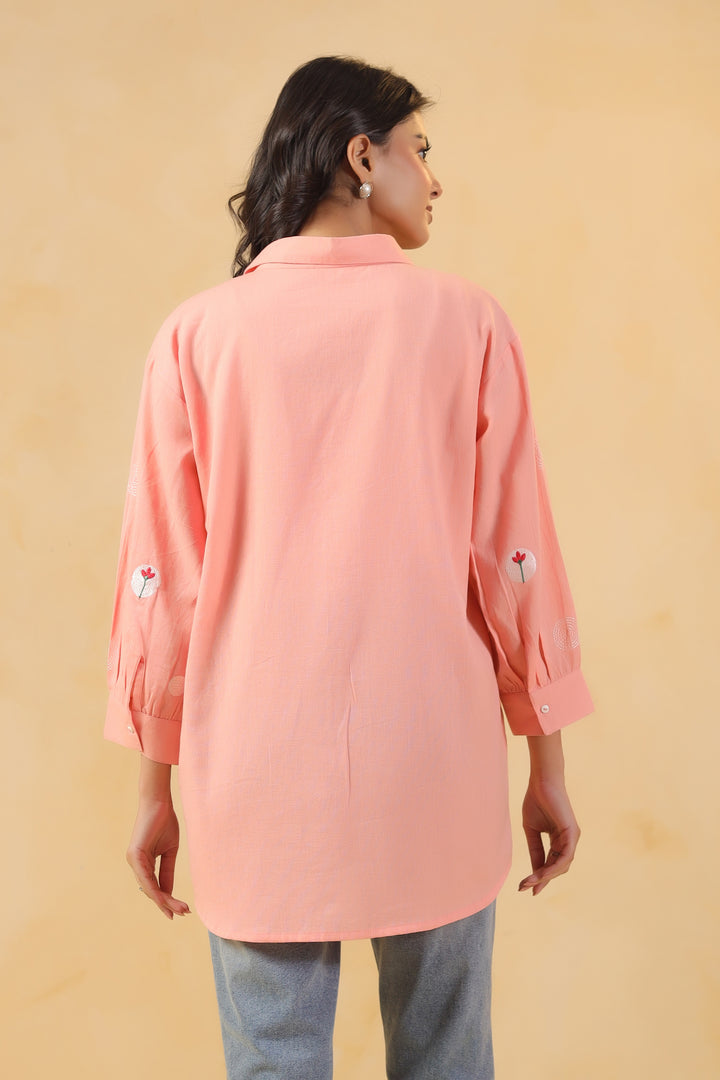 Pink Cotton Embroidered Designer Shirt Top