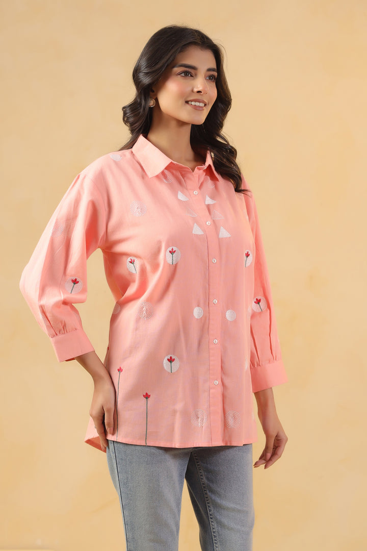 Pink Cotton Embroidered Designer Shirt Top