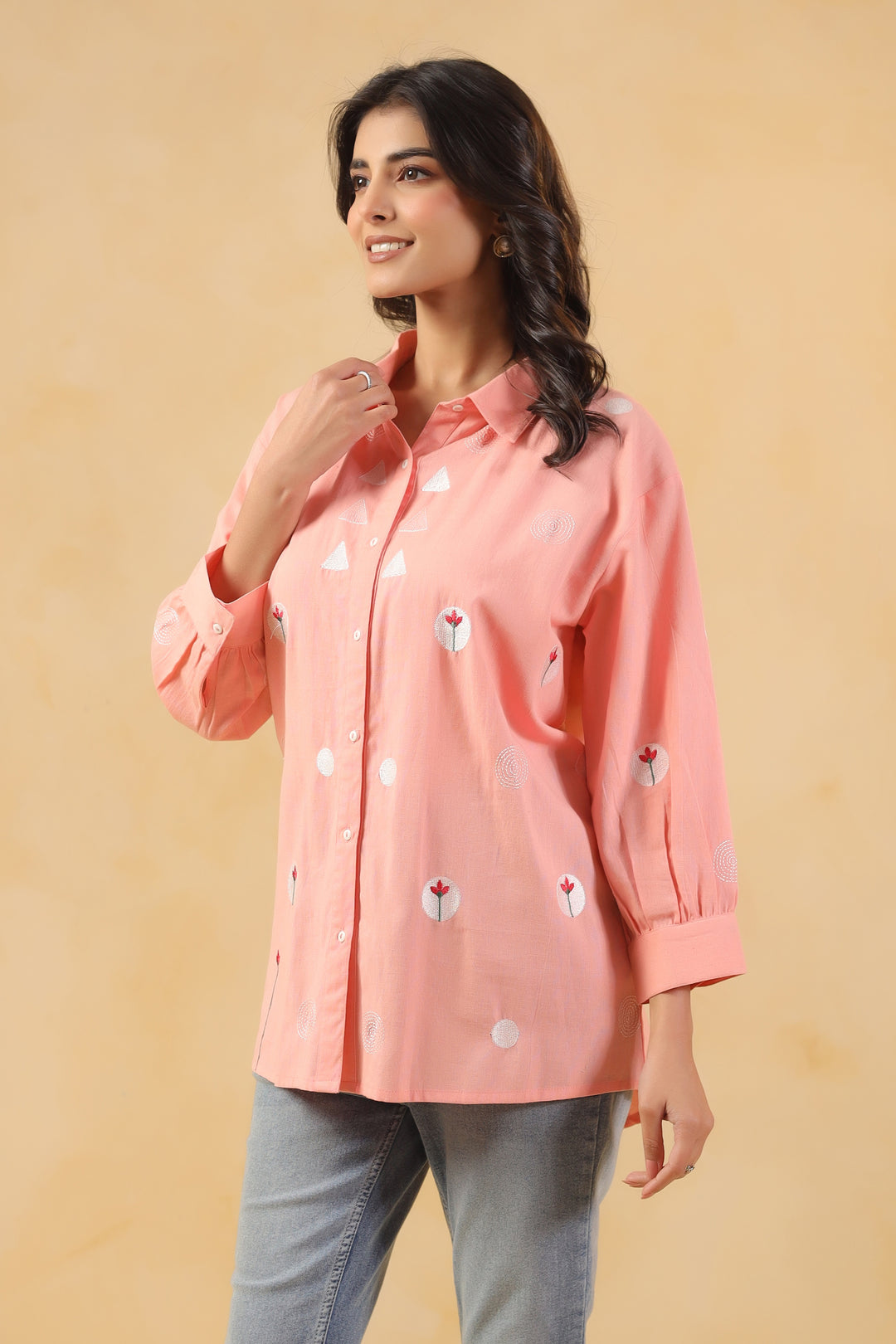 Pink Cotton Embroidered Designer Shirt Top