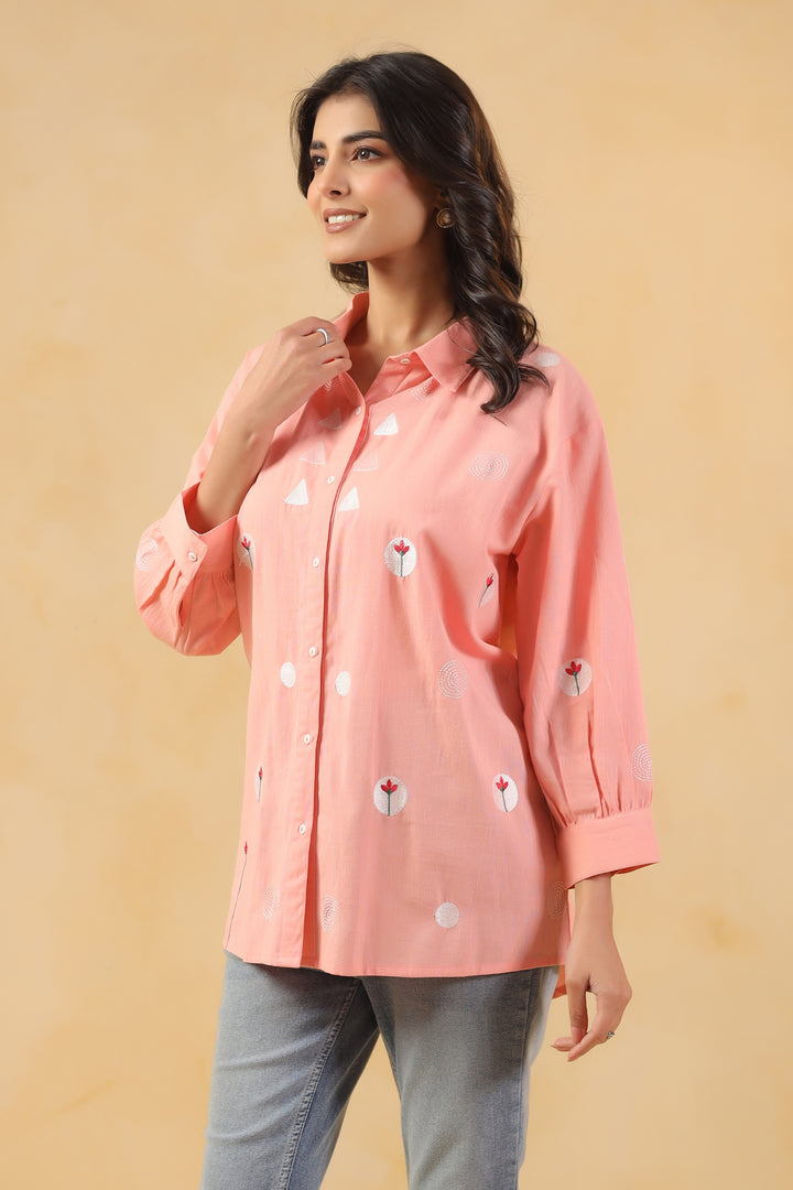 Pink Cotton Embroidered Designer Shirt Top