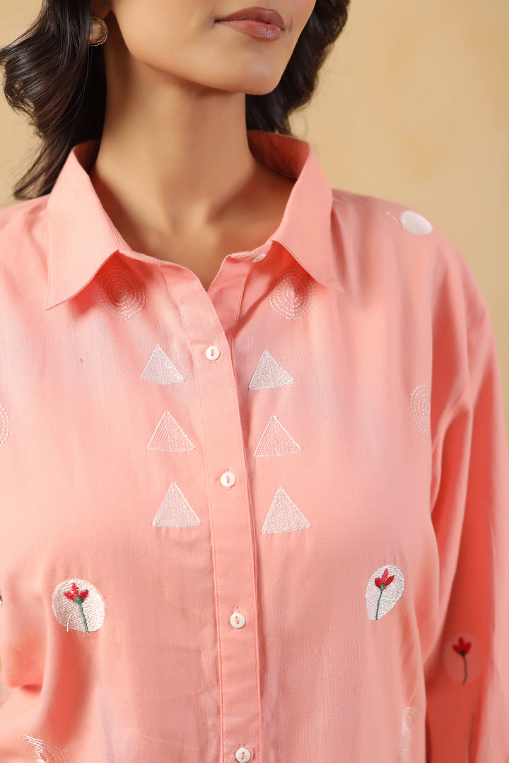Pink Cotton Embroidered Designer Shirt Top