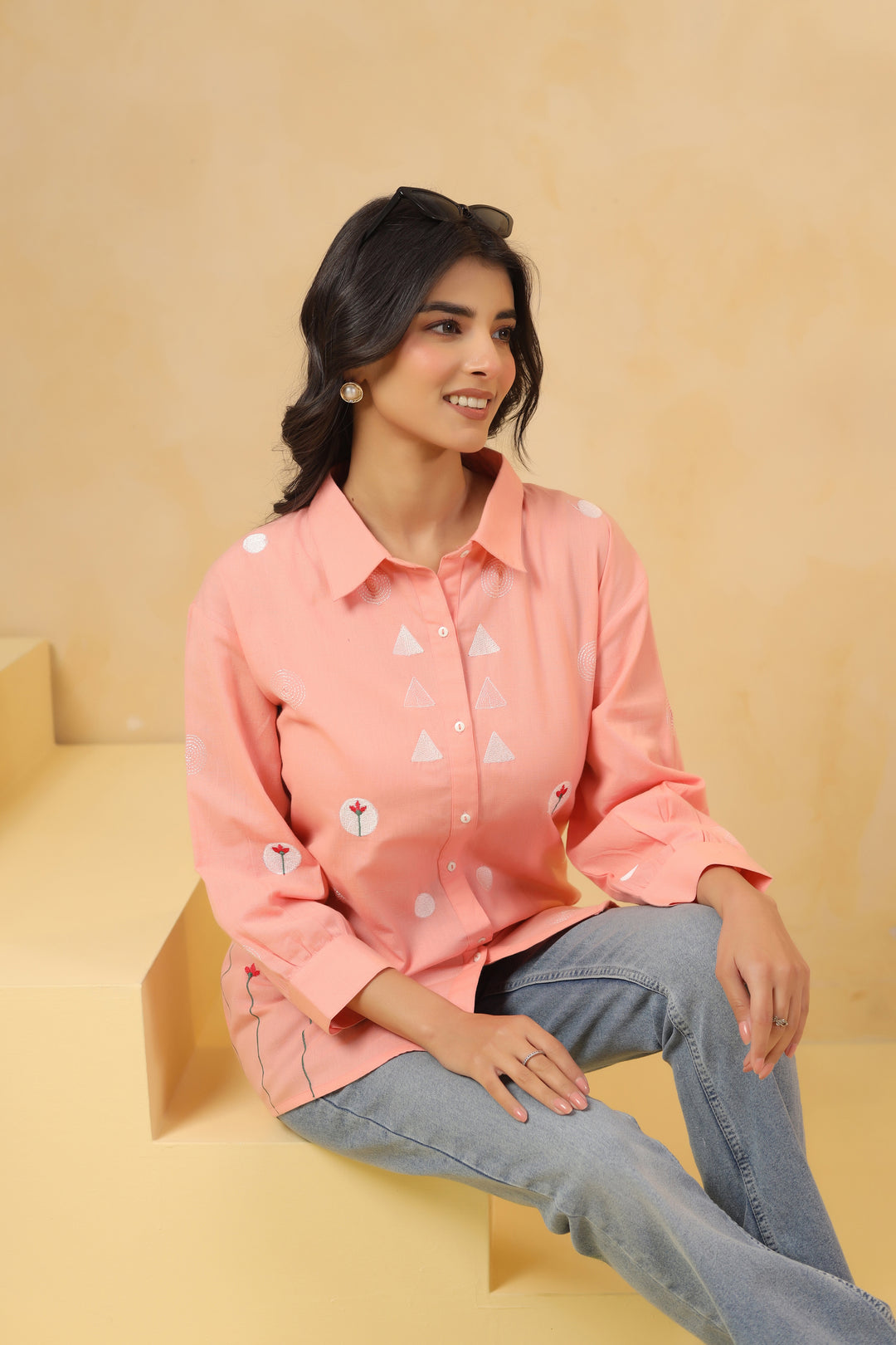 Pink Cotton Embroidered Designer Shirt Top