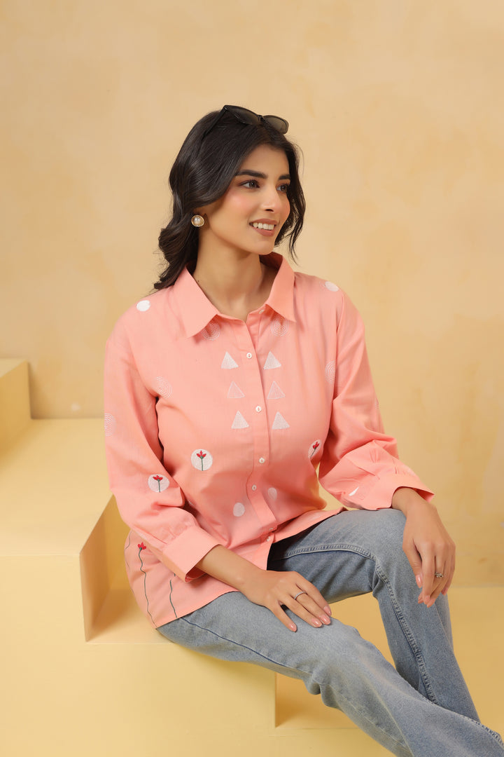 Pink Cotton Embroidered Designer Shirt Top