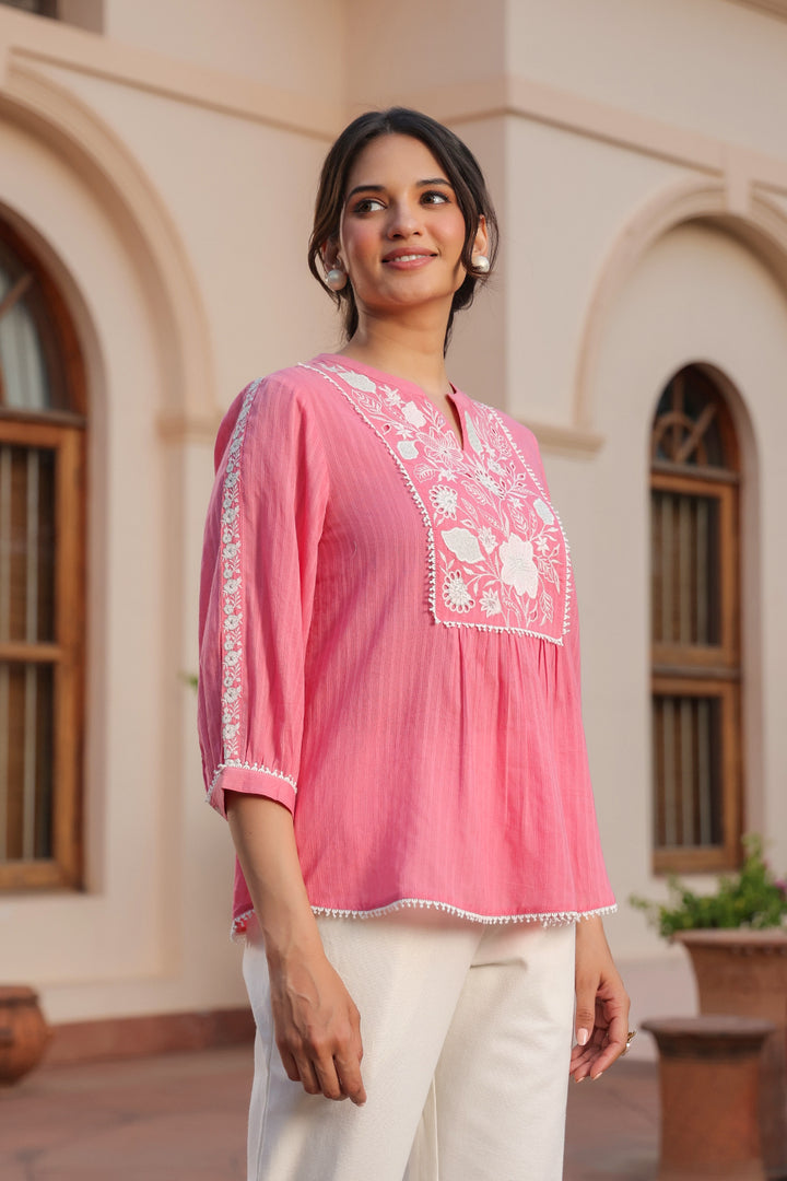 Pink Cotton Dobby Applique Top