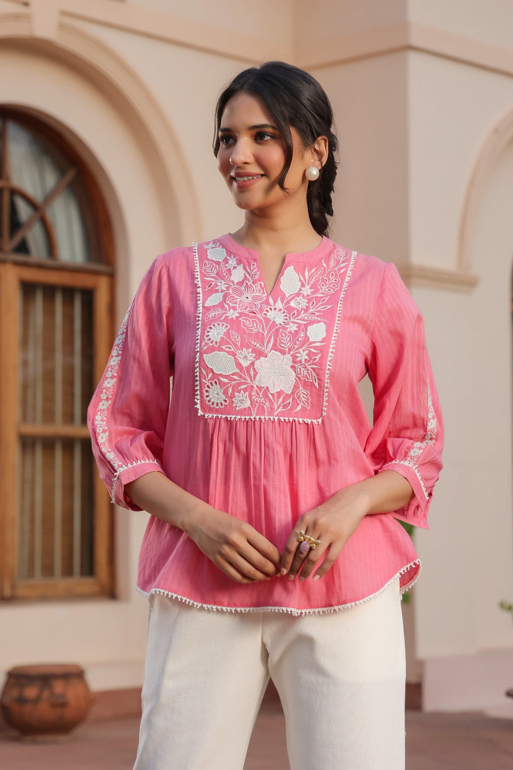 Pink Cotton Dobby Applique Top