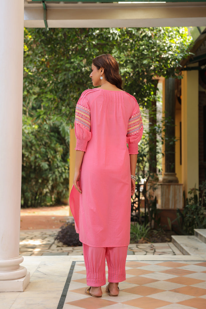 Cotton Pink Embroidered A Line Kurta Pant Set