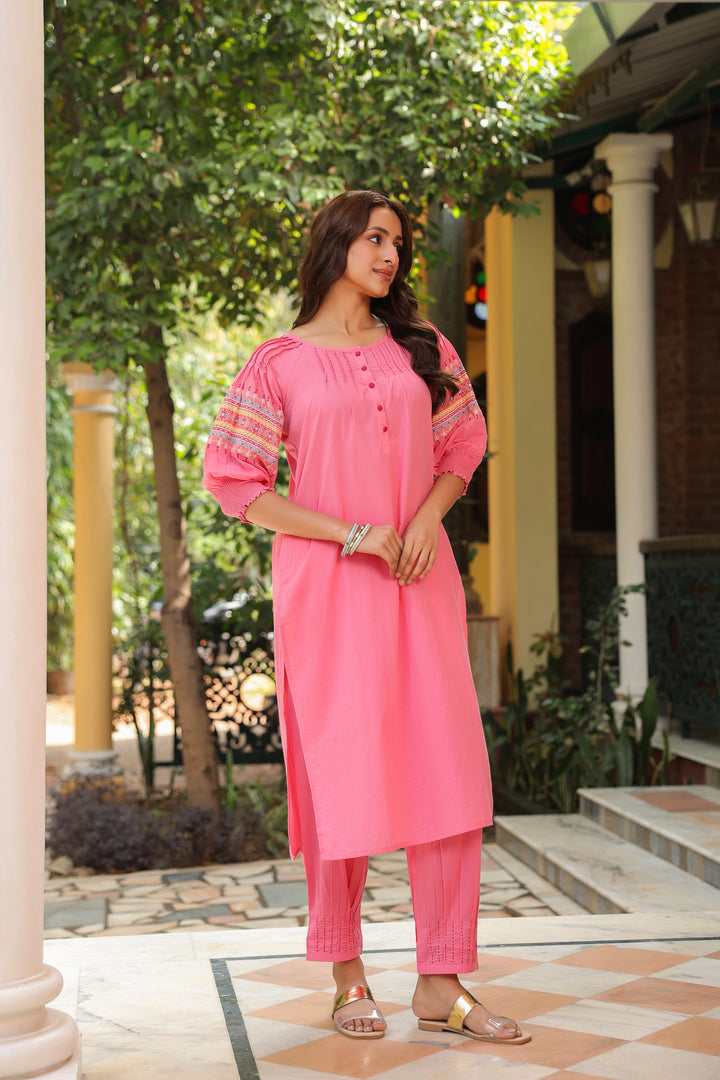 Cotton Pink Embroidered A Line Kurta Pant Set