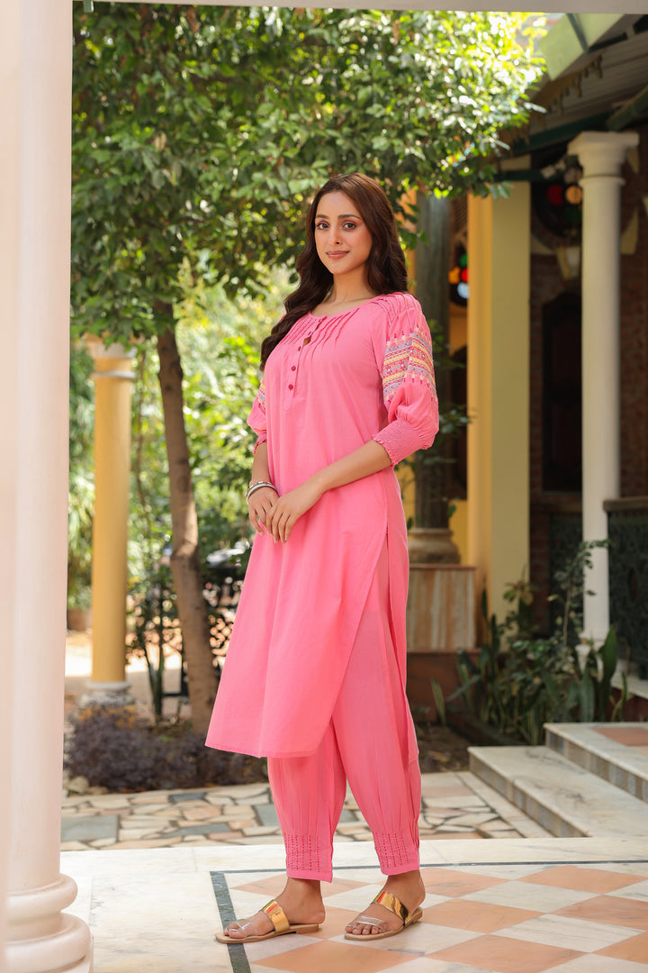 Cotton Pink Embroidered A Line Kurta Pant Set