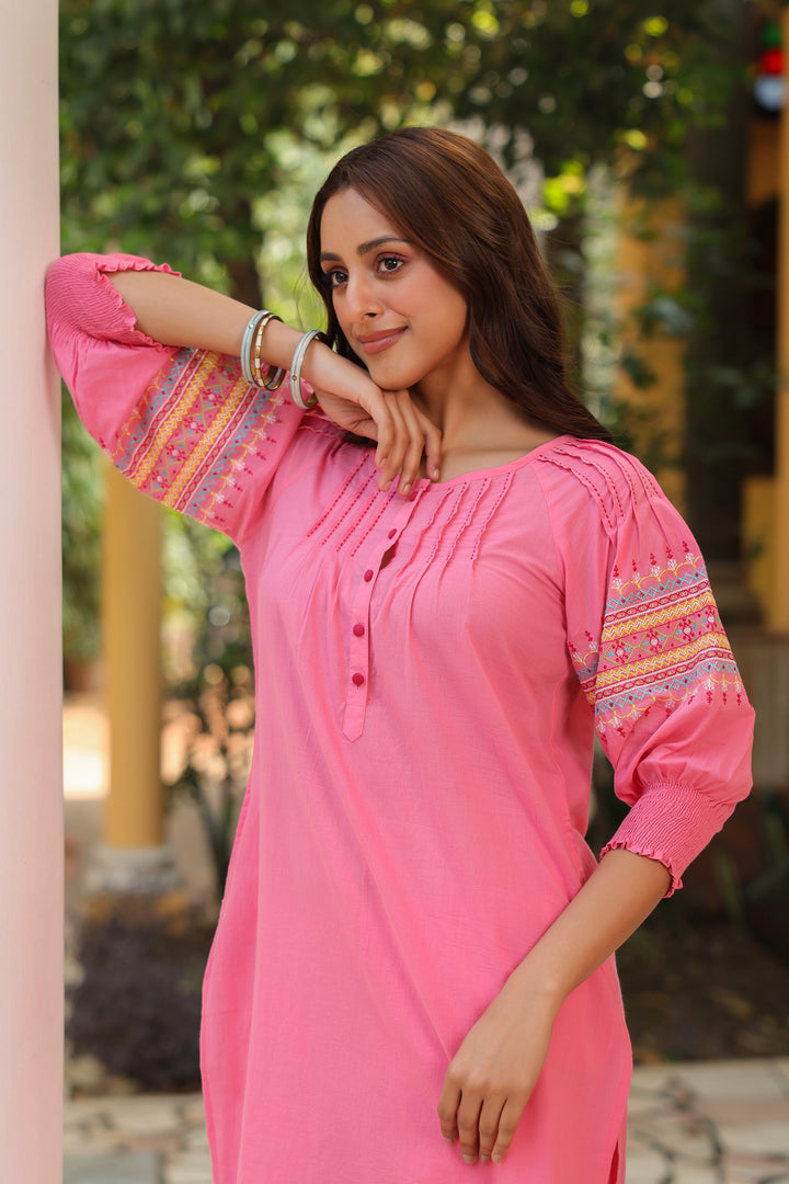 Cotton Pink Embroidered A Line Kurta Pant Set