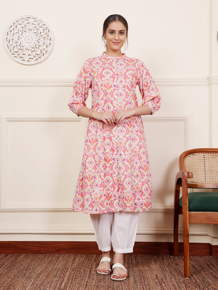 Pink Cotton Printed A Line Kurta