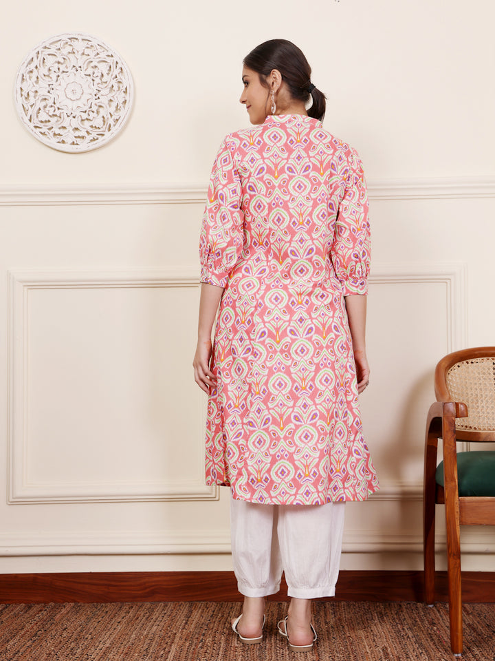 Pink Cotton Printed A Line Kurta