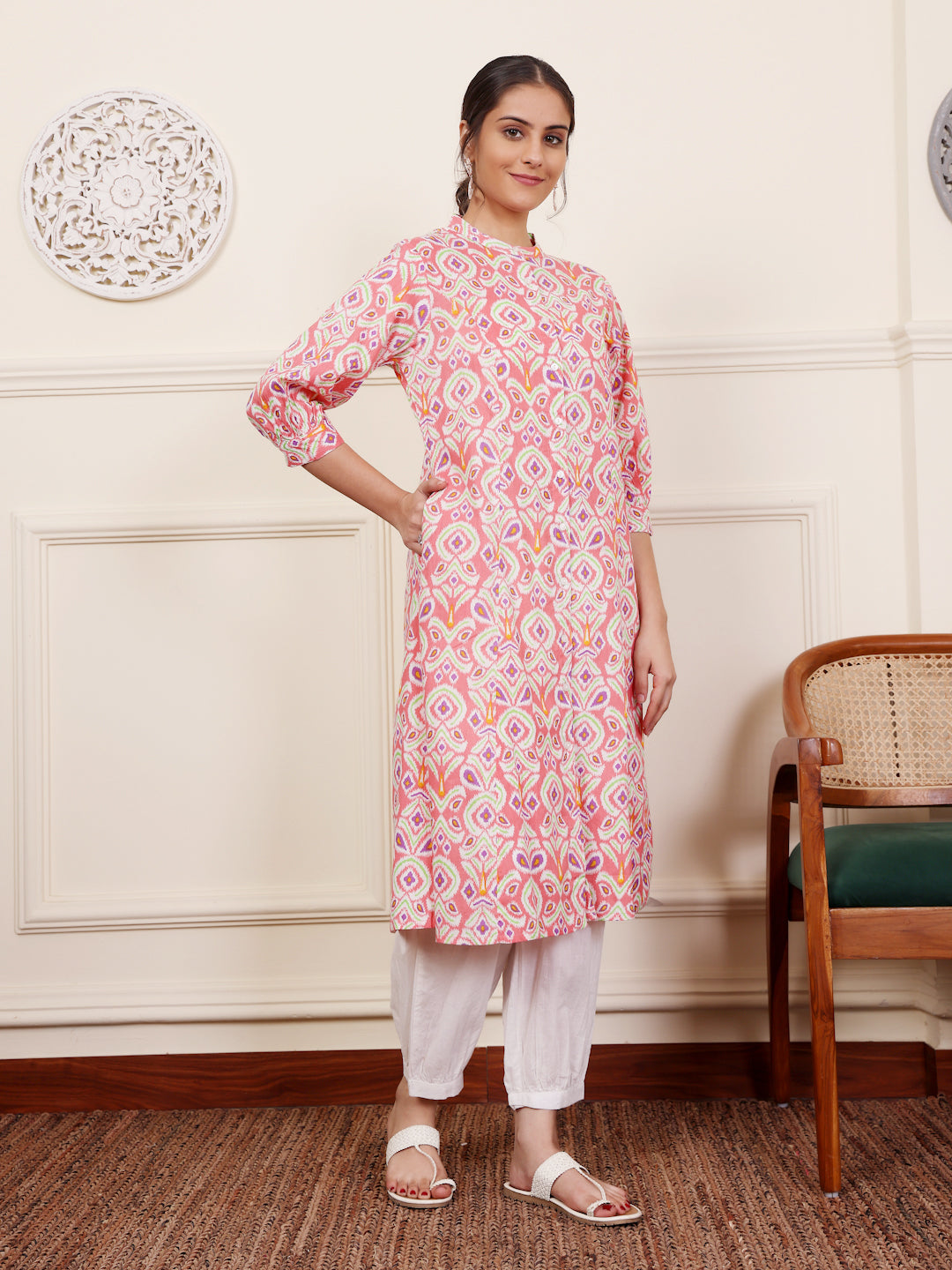 Pink Cotton Printed A Line Kurta