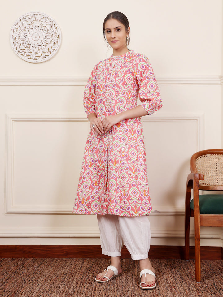 Pink Cotton Printed A Line Kurta