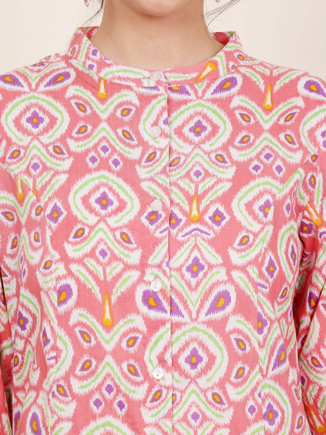 Pink Cotton Printed A Line Kurta