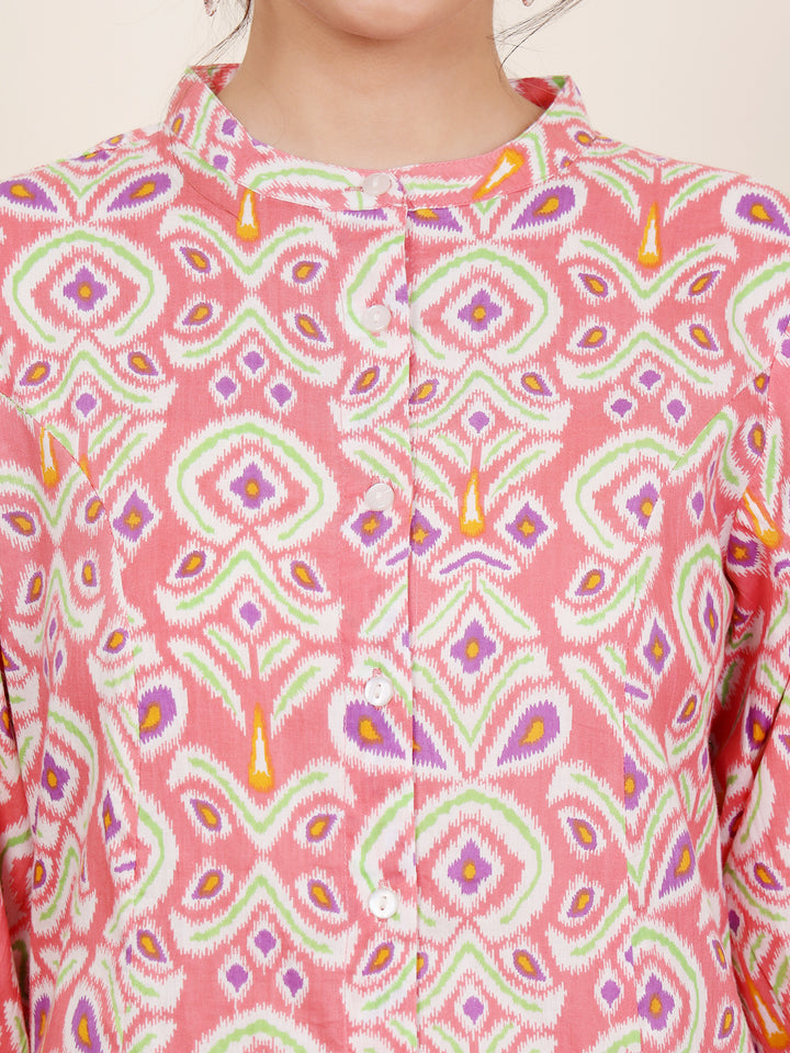 Pink Cotton Printed A Line Kurta